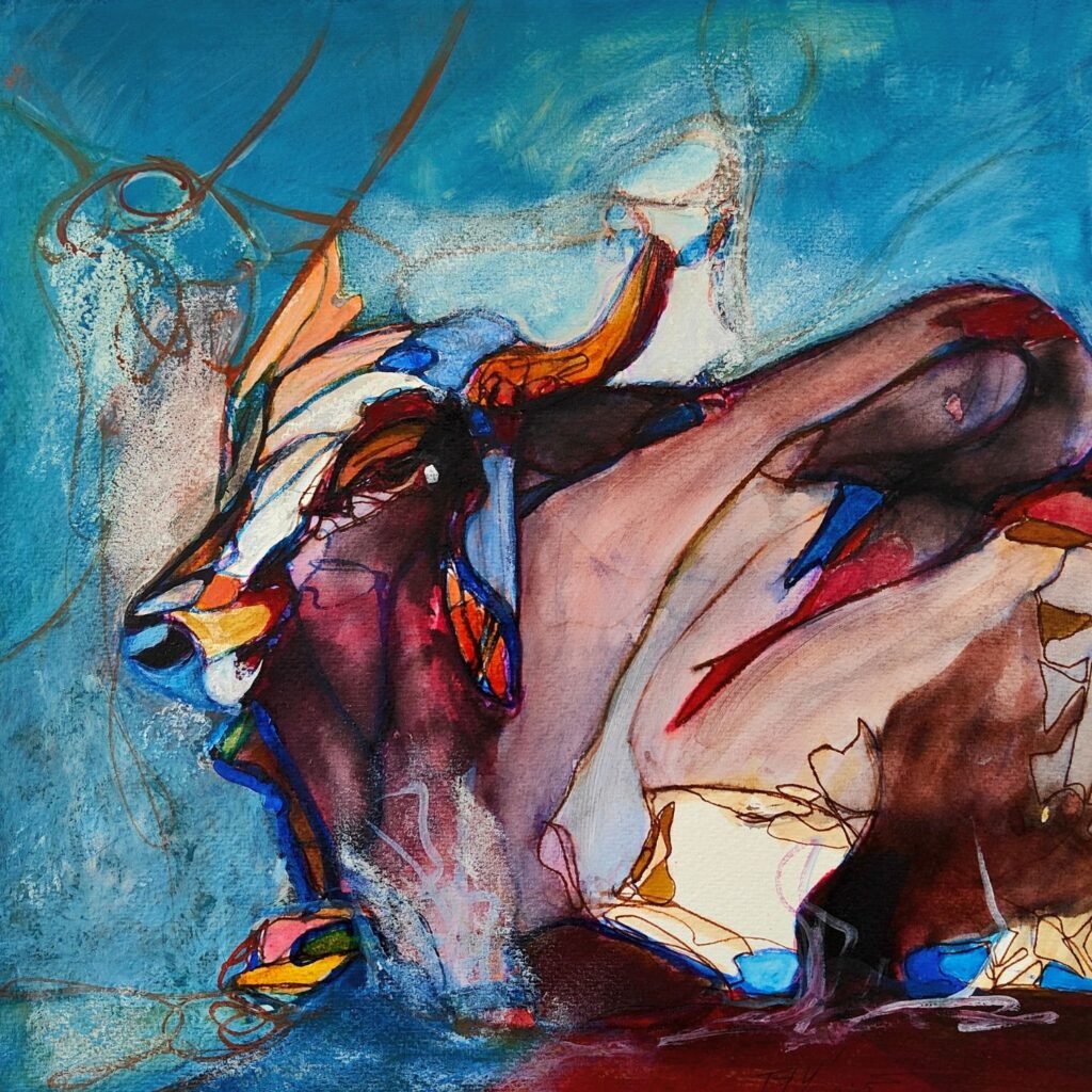 Peinture de vache par Ely’Ondre, technique mixte sur papier