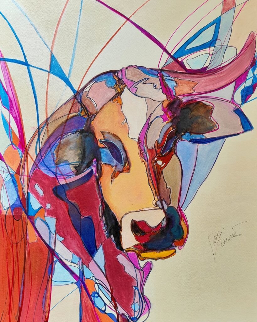 Peinture de vache par Ely’Ondre, technique mixte sur carton