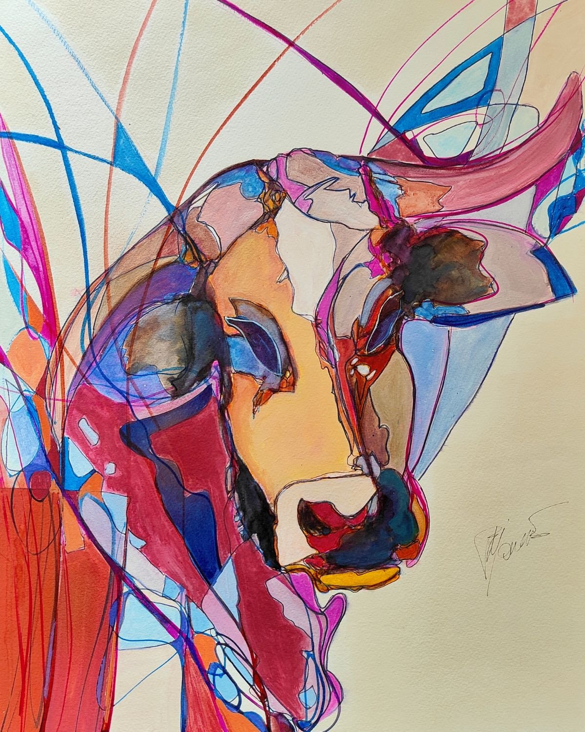 Peinture de vache par Ely’Ondre, technique mixte sur carton