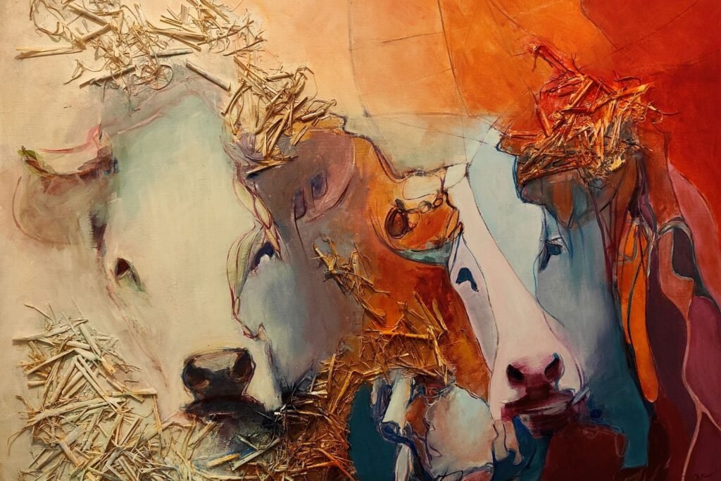 Peinture de vache par Ely’Ondre, technique mixte sur toile avec acrylique, encre et paille