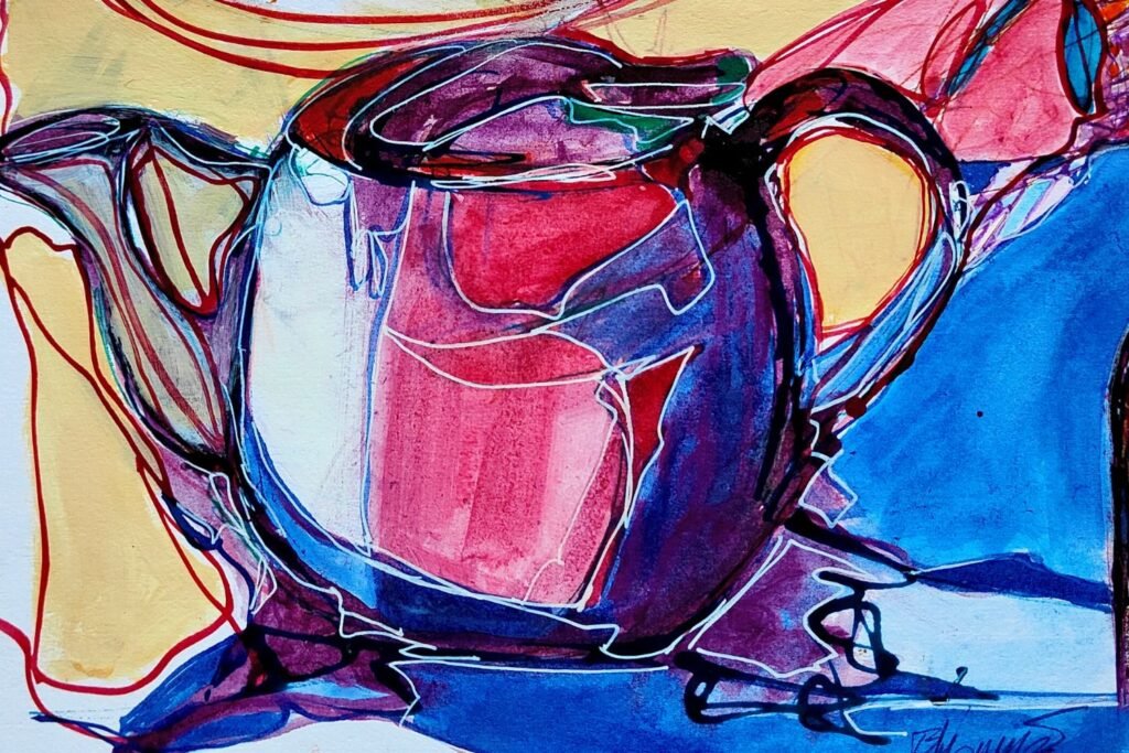 Œuvre « Théière » d’Ely’Ondre, technique mixte sur papier