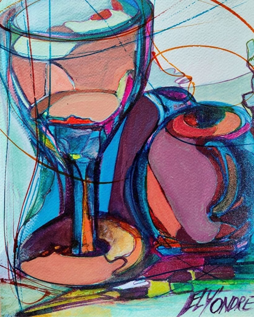 Un verre, une histoire - Technique mixte sur papier, 20 × 40 cm. Œuvre disponible.